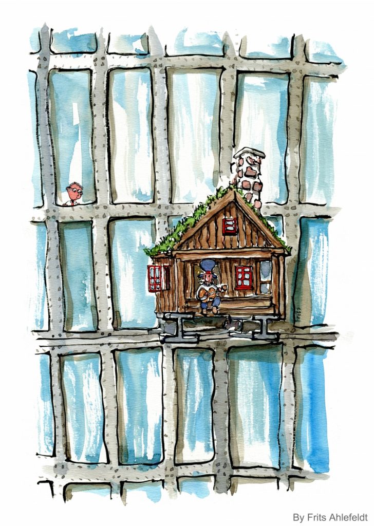 Glass building and wood cabin illustration by Frits Ahlefeldt