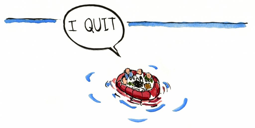 boat at sea with someone saying I quit illustration by Frits Ahlefeldt