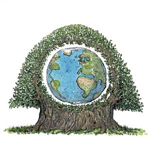 Planet earth inside a tree illustration by Frits Ahlefeldt