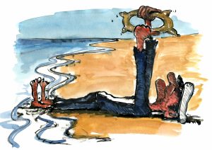 Stranded old sailor on a beach illustration by Frits Ahlefeldt