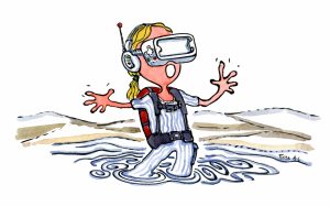 woman with VR mask in digital swamp illustration by Frits Ahlefeldt