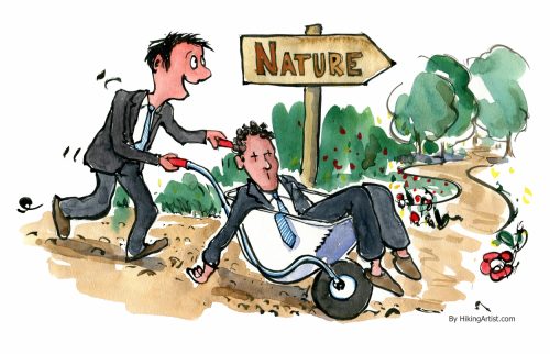 Man driving worn out business man out in nature in a wheelbarrow illustration by Frits Ahlefeldt