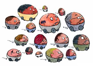 group of bubble cars illustration by Frits Ahlefeldt