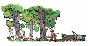 man cutting down trees with fruits on them illustration by Frits Ahlefeldt