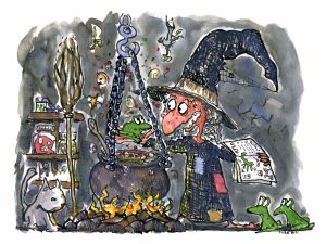 witch in her strange kitchen illustration by Frits Ahlefeldt