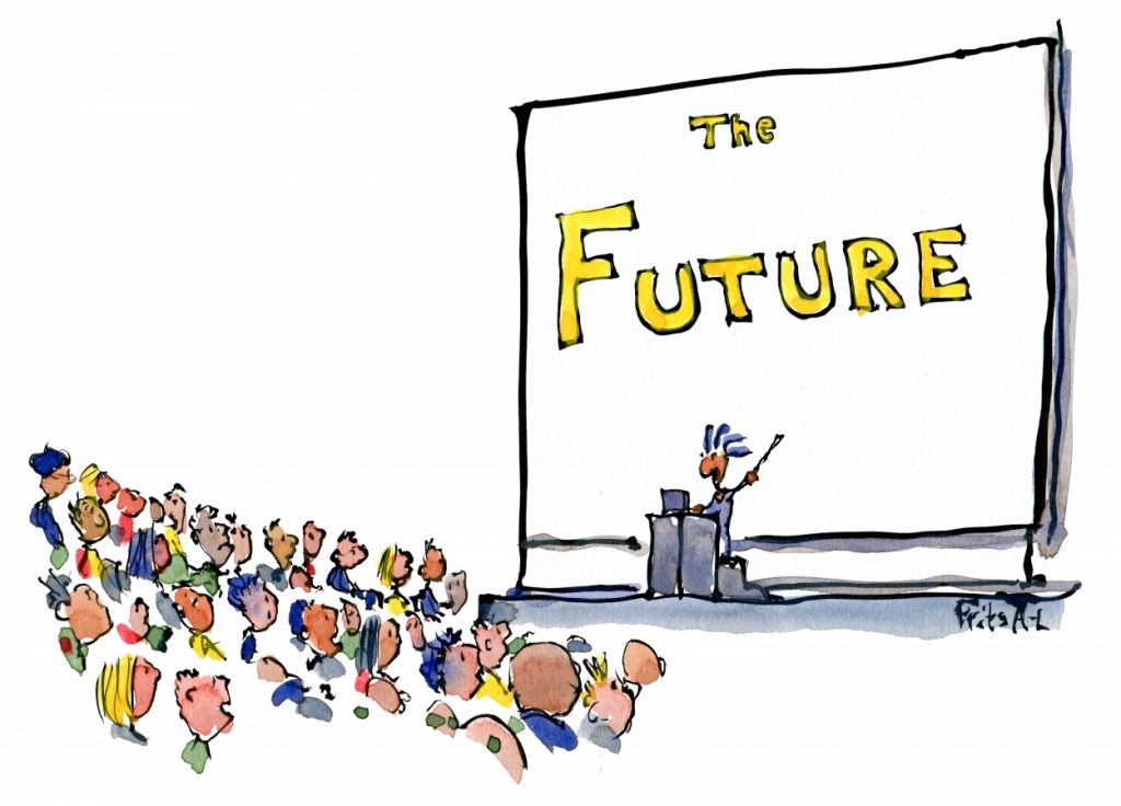 man making lecture about the future illustration by Frits Ahlefeldt