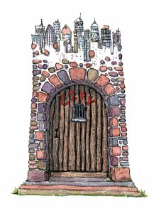 drawing of a city gate illustration by Frits Ahlefeldt