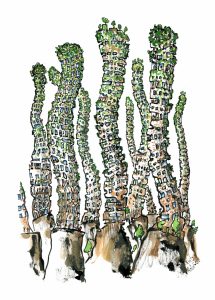 wavering green high buildings illustration by Frits Ahlefeldt