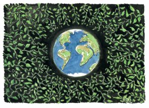 planet Earth surrounded by green leaves