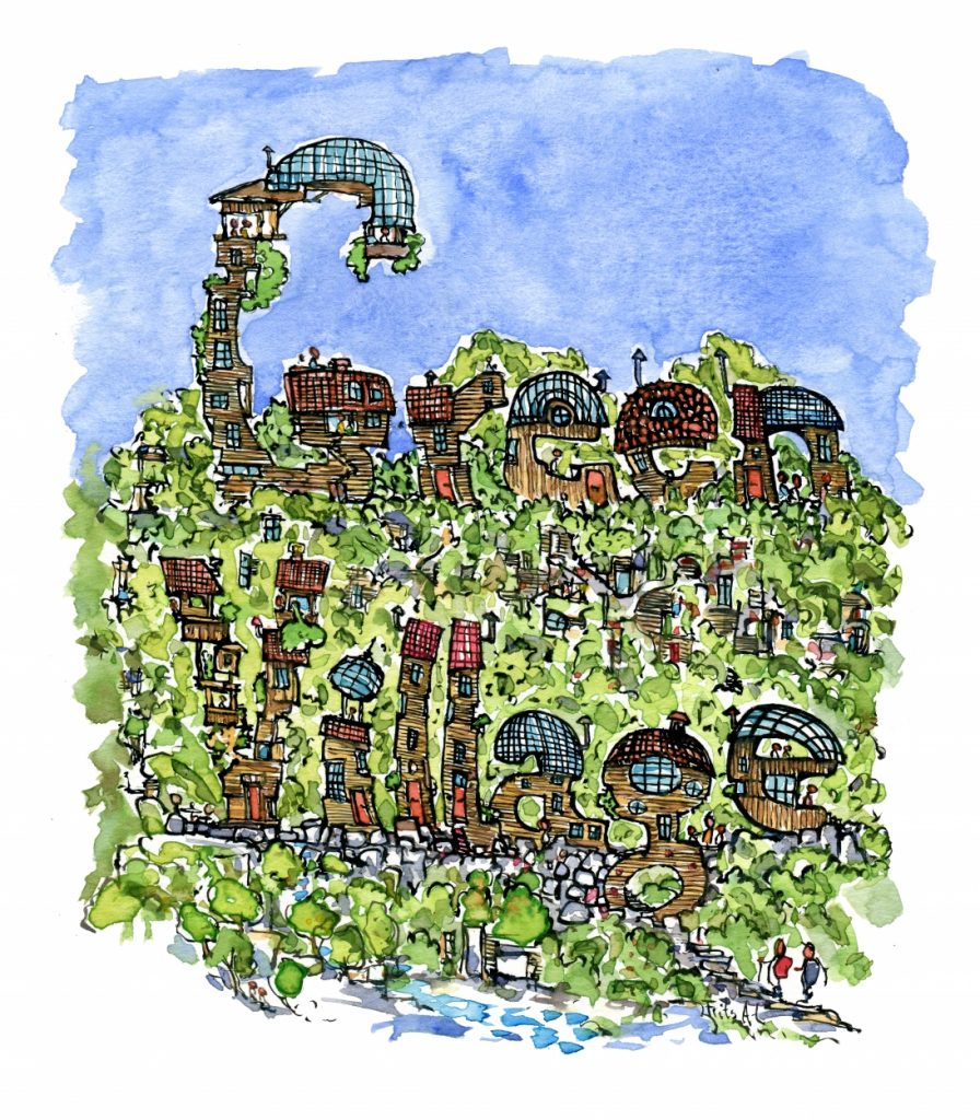 drawing of green village spelled in houses illustration by Frits Ahlefeldt