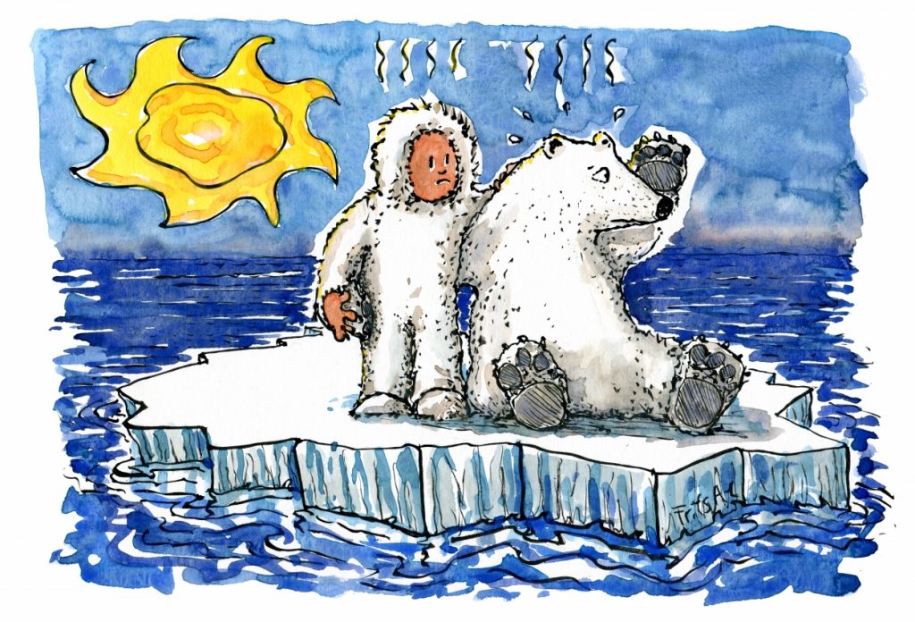 man and polar bear on small ice piece illustration by Frits Ahlefeldt