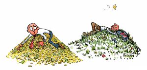 man on heap of money holding on and man on grass looking up illustration by Frits Ahlefeldt