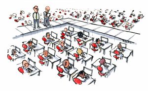 people in rows on computers like in a farm illustration by Frits Ahlefeldt