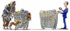 homeless man meet shopper both with shopping wagons illustration by Frits Ahlefeldt