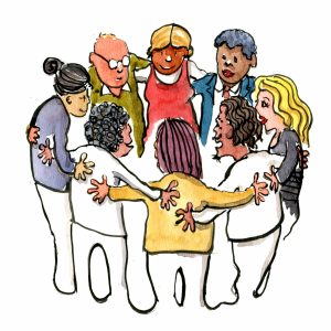 People making group circle illustration by Frits Ahlefeldt