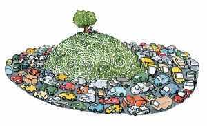 tree on a hill surrounded by cars illustration by Frits Ahlefeldt